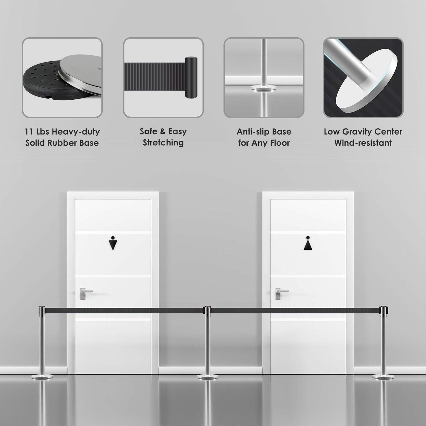 Stainless Steel Retractable Stanchion with 10 ft Black Belt