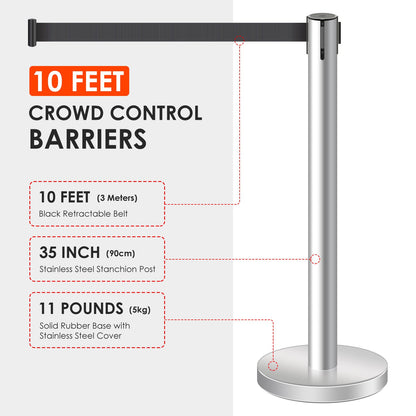 Stainless Steel Retractable Stanchion with 10 ft Black Belt