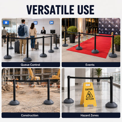 Retractable Belt Barrier with Water-Filled Base,Yellow/Black High Visibility for Crowd Control, Event Management, Hazard Warning, Portable Outdoor Safety Fence