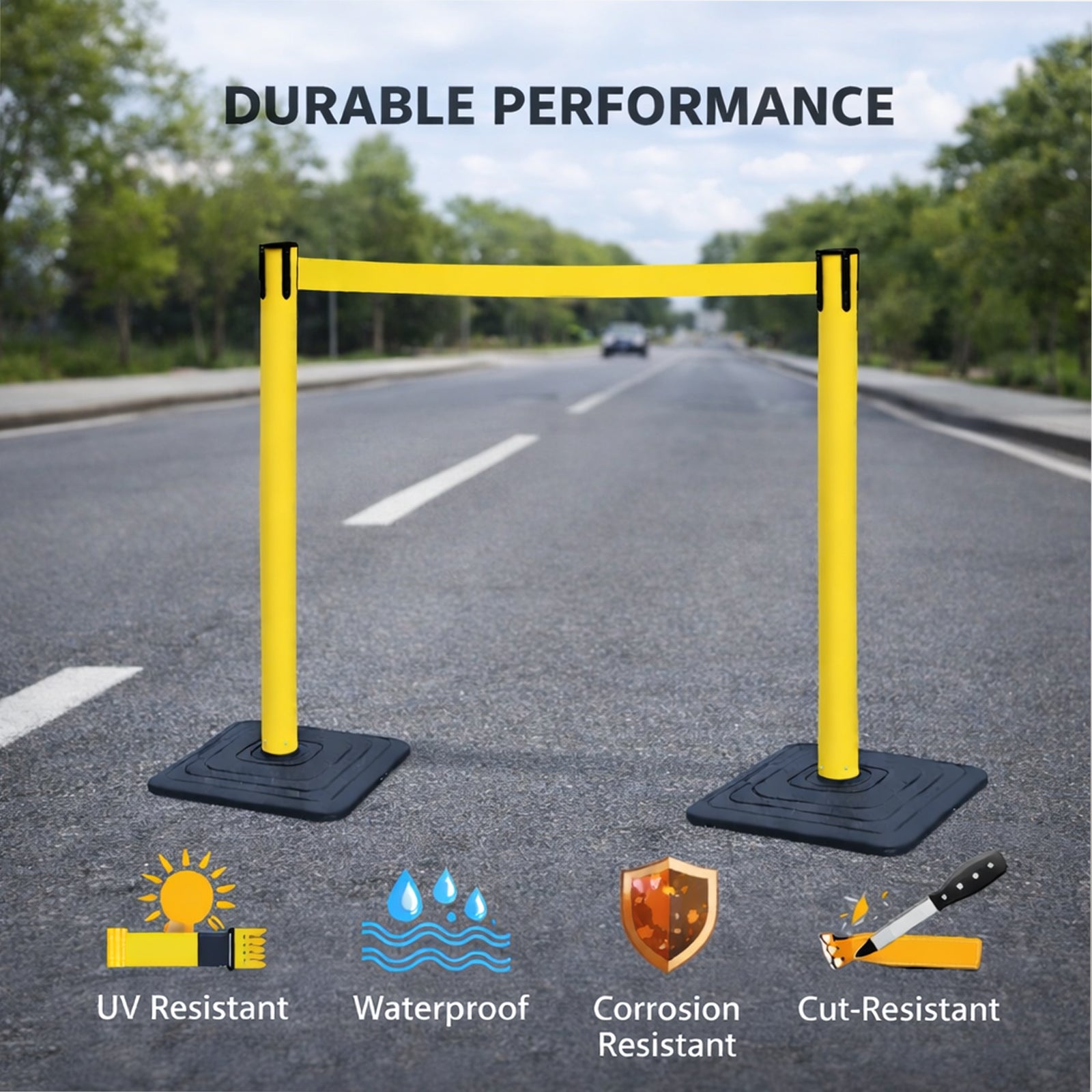 10ft Retractable Belt Stanchion Barrier - in use on site