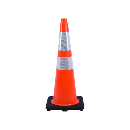 Heavy-Duty Black Base Traffic Cones with Reflective Stripe - front view