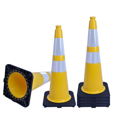 Heavy-Duty Black Base Traffic Cones with Reflective Stripe