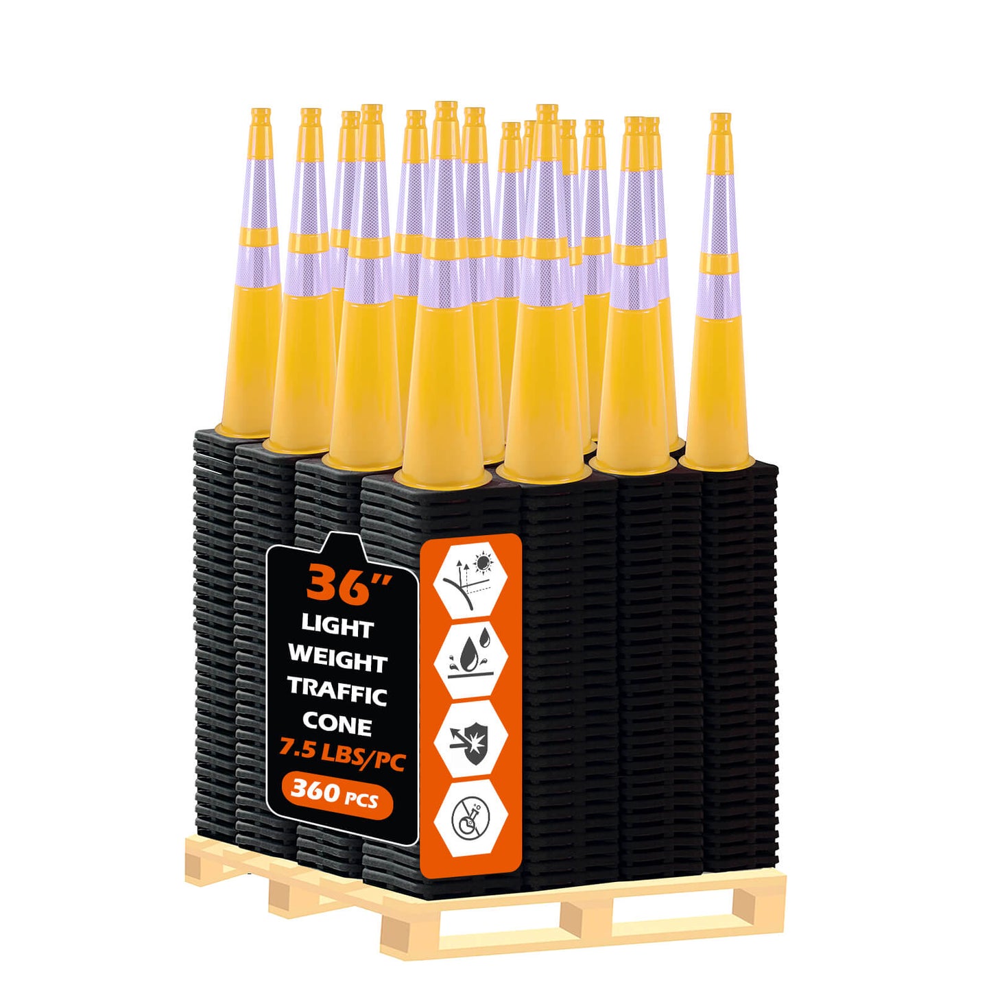 Heavy-Duty Black Base Traffic Cones with Reflective Stripe - close-up detail
